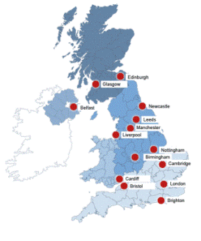 UK Map showing major cities